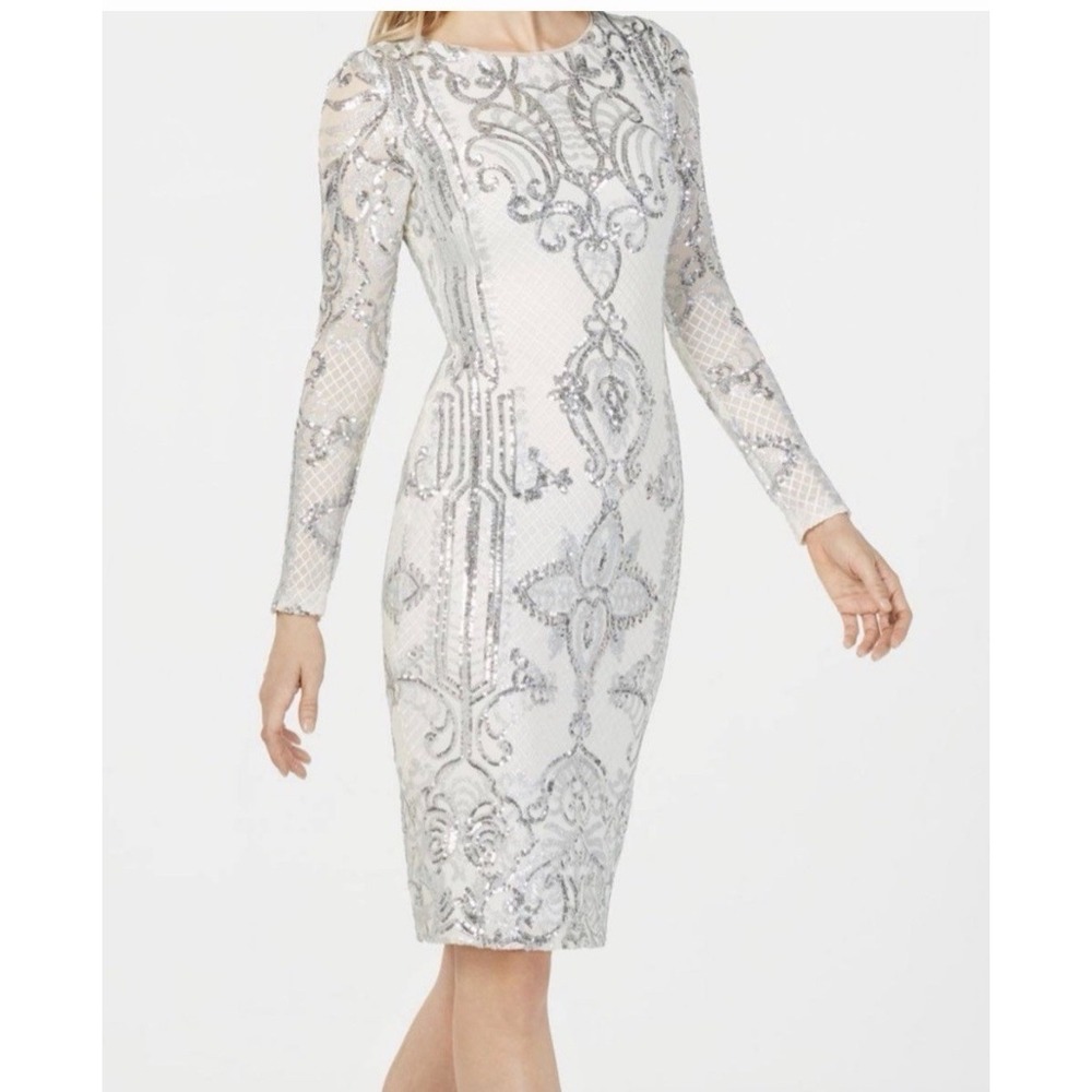 Betsy & Adam Women's Ivory‎ Sequin Embellished Long-Sleeve Sheath Dress Size 14